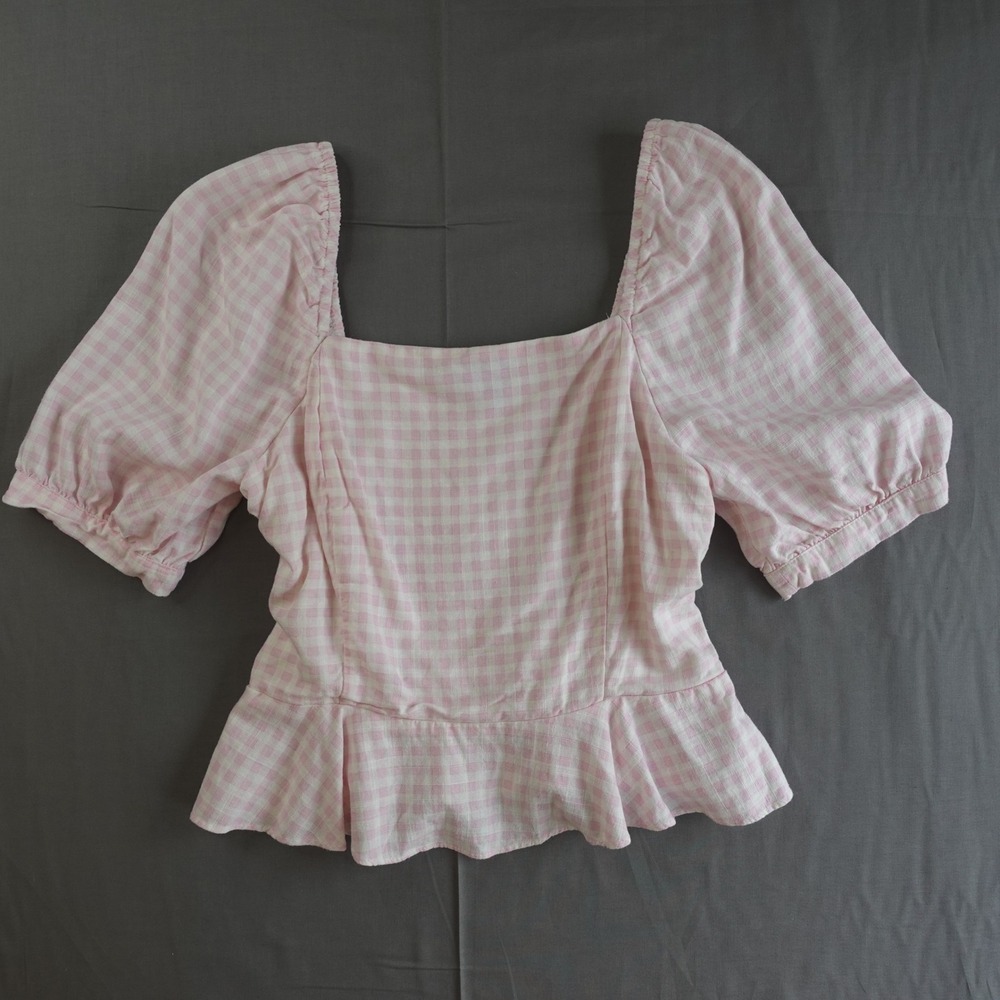 Pink Gingham Top Womens Medium Check Cropped Milkmaid Peplum Cottage Soft Girl